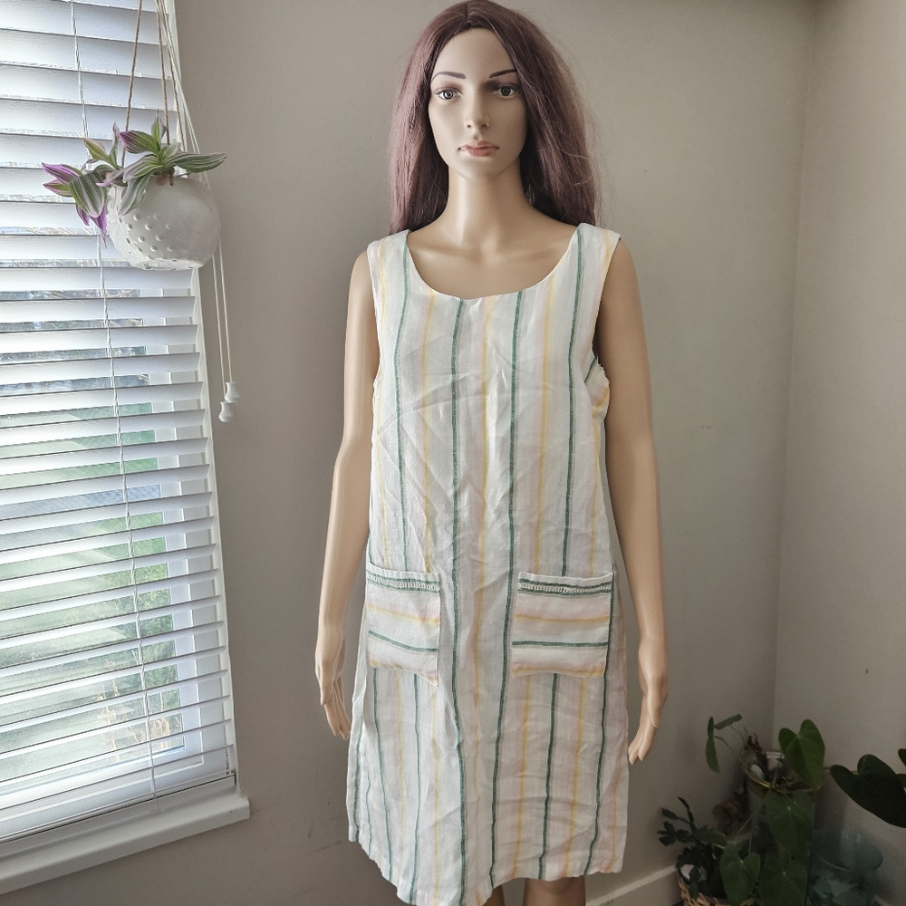 Linen sleeveless shift dress vertical stripes cream green
